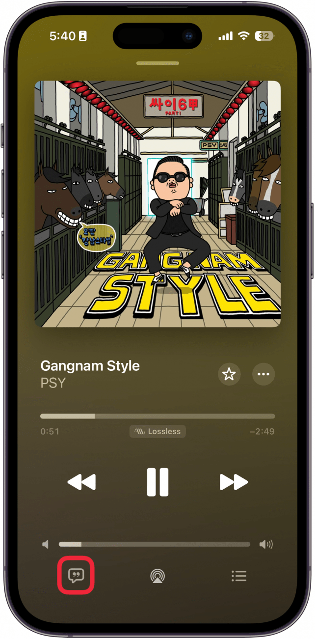 a screenshot of the iphone music app displaying the now playing screen with a red box around the lyrics icon