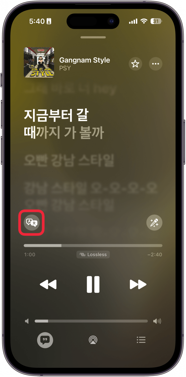 a screenshot of the iphone music app displaying korean lyrics on the now playing screen with a red box around the translate icon