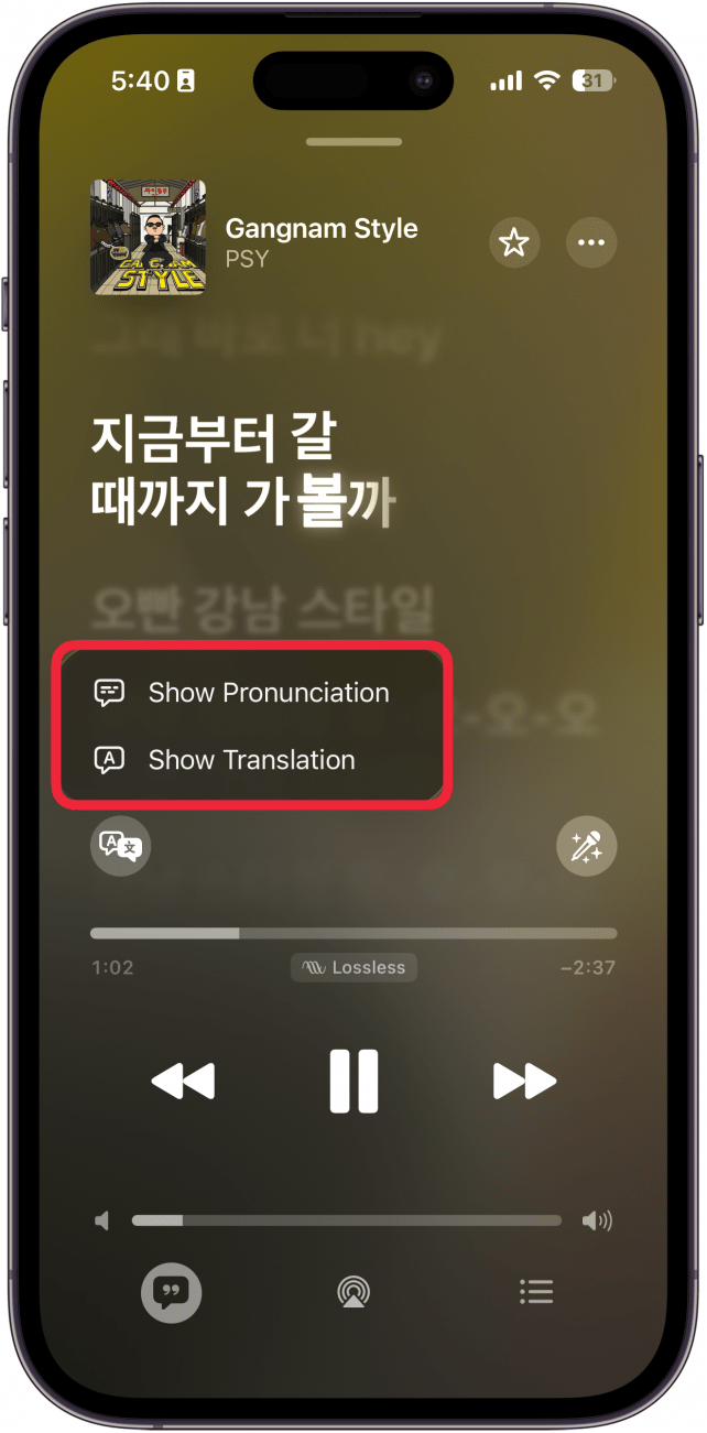 a screenshot of the iphone music app displaying korean lyrics on the now playing screen, the translate menu open and a red box around the show pronunciation and show translation buttons
