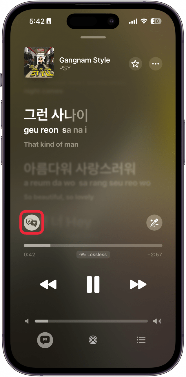 a screenshot of the iphone music app displaying korean lyrics on the now playing screen, displaying both a pronunciation and translation of the lyrics below each line, with a red box around the translation button