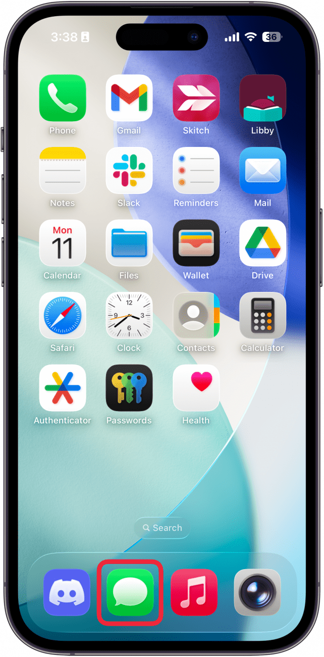 a screenshot of the iphone home screen with a red box around the messages app