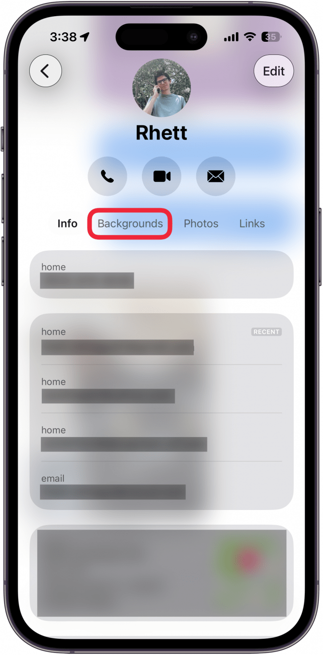 a screenshot of a contact's information in the messages app with a red box around backgrounds