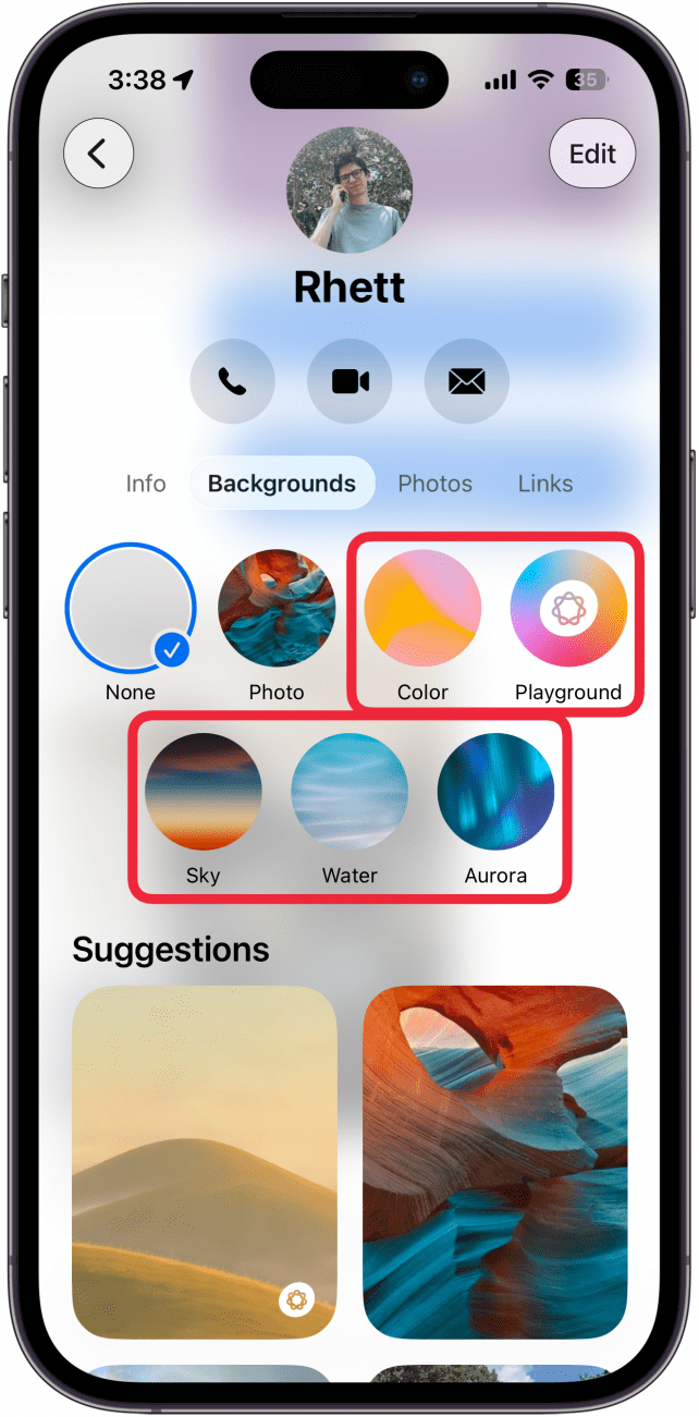 a screenshot of conversation customization background options in the messages app with red boxes around the Color, Playground, Sky, Water, and Aurora options