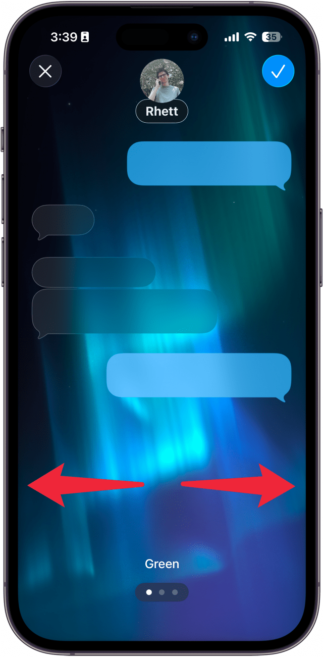 a screenshot of iphone imessage background customization with red arrows pointing left and right, indicating to swipe left and right