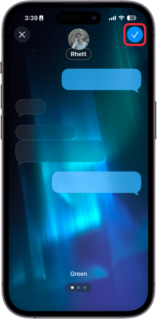 a screenshot of iphone imessage background customization with a red box around the checkmark icon