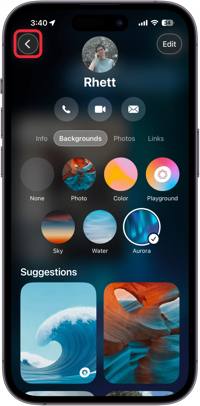 a screenshot of conversation customization background options with a red box around the back button