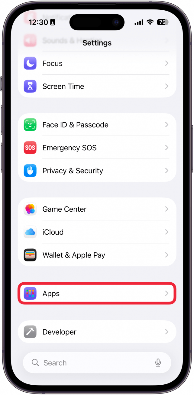a screenshot of the iphone settings app with a red box around apps
