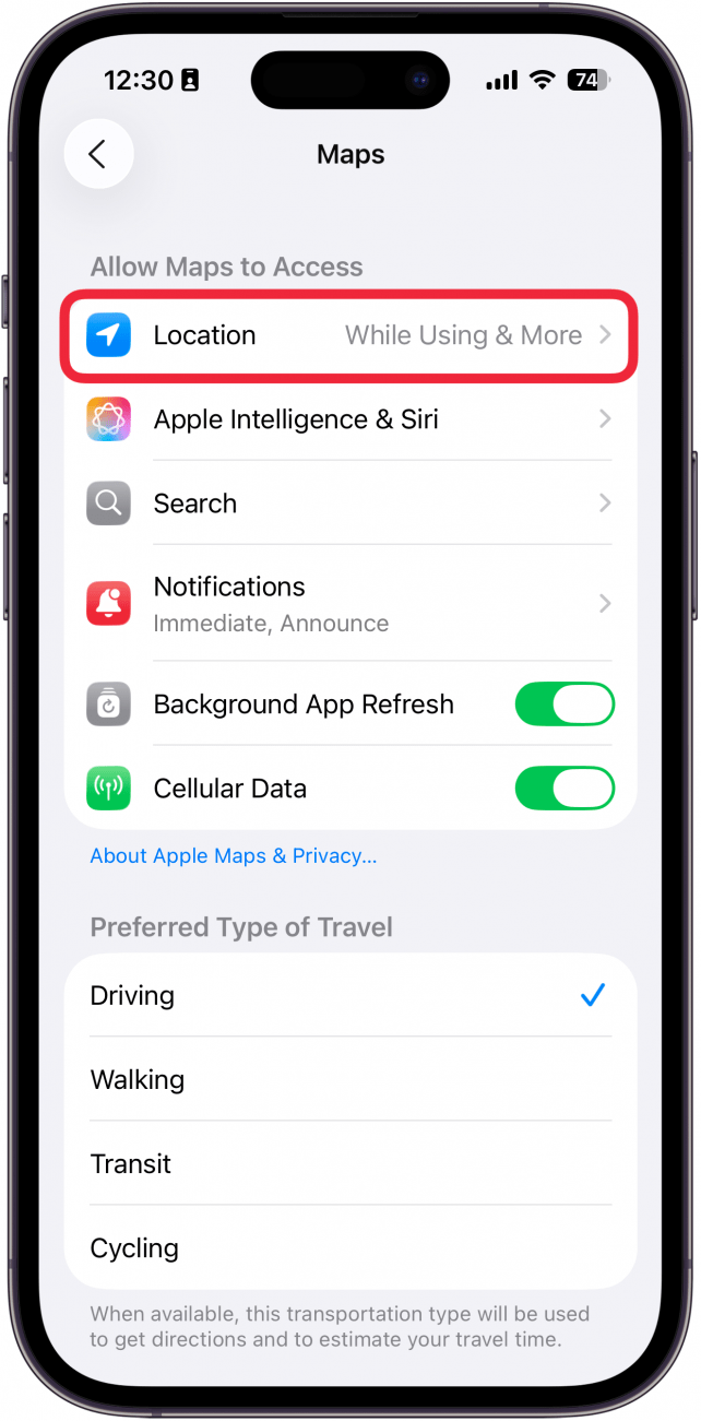 a screenshot of maps app settings on the iphone with a red box around location