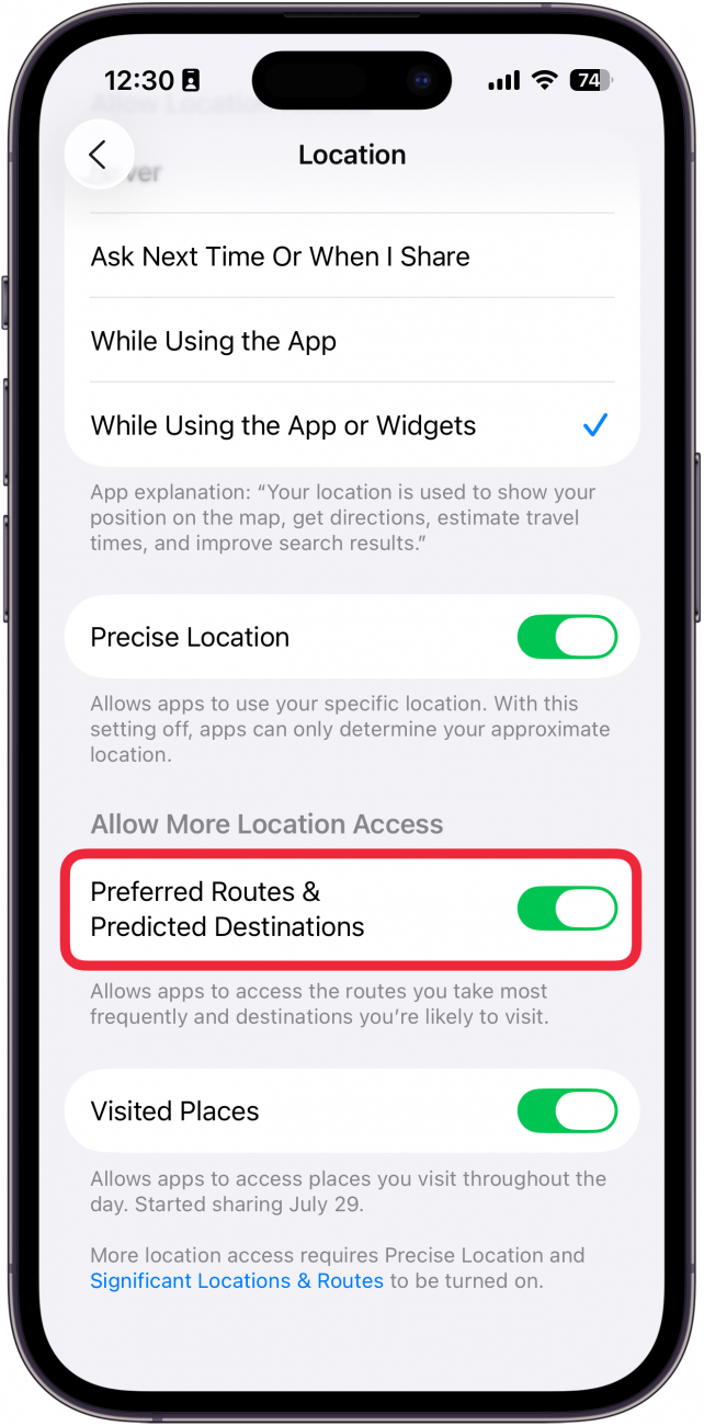 a screenshot of maps app location settings on the iphone with a red box around Preferred Routes & Predicted Destinations