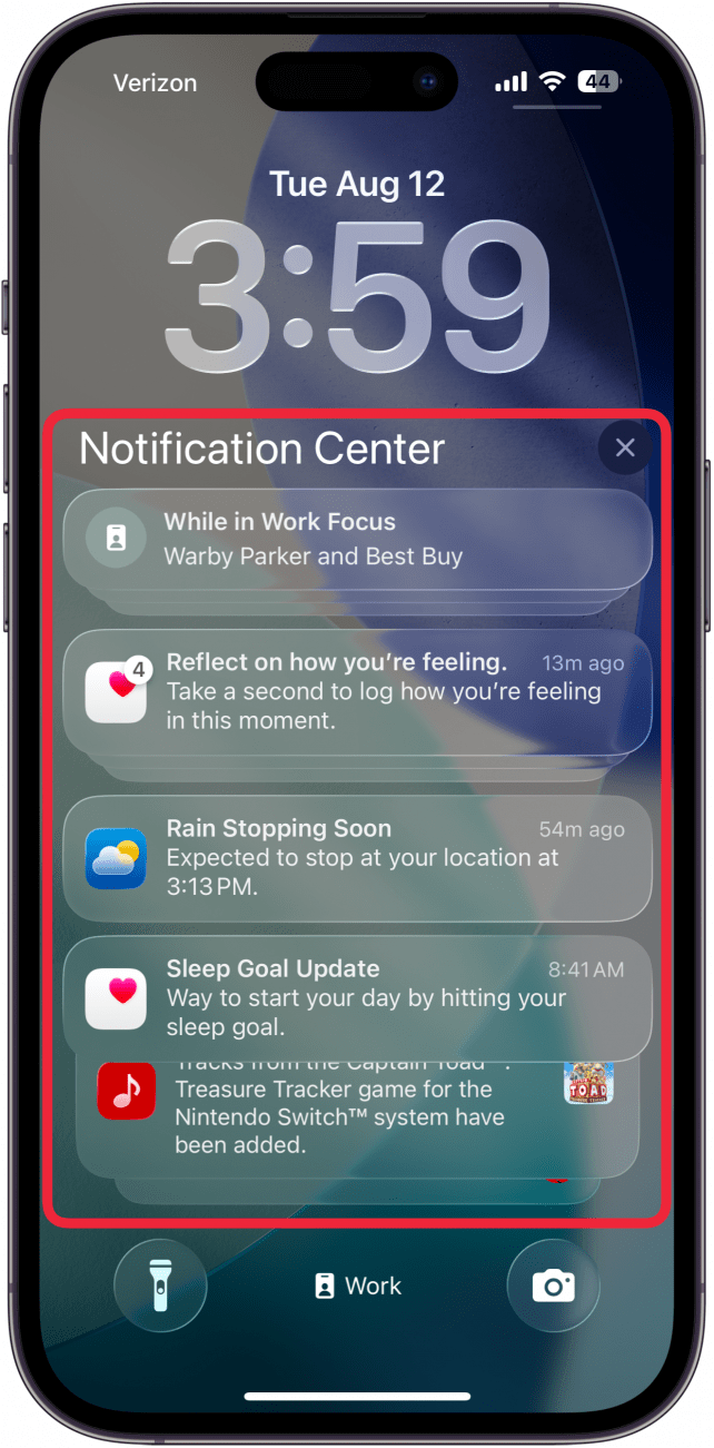 iphone lock screen displaying a list of notifications with a red box around them and a header that reads, "notification center"