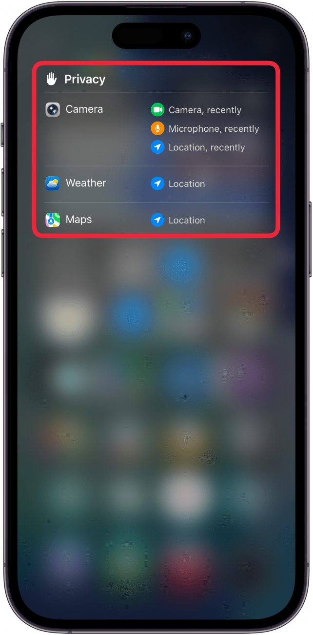 iphone control center displaying privacy icons