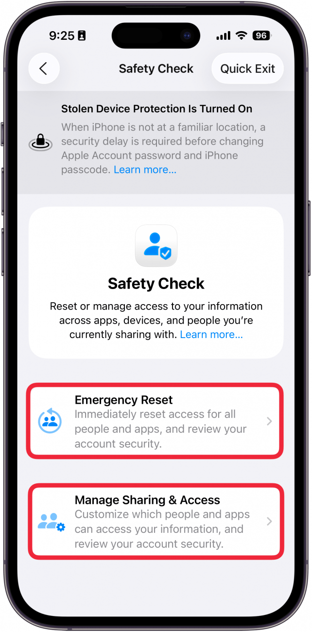 iphone privacy settings showing security check screen with red boxes around the emergency reset and and manage sharing & access buttons