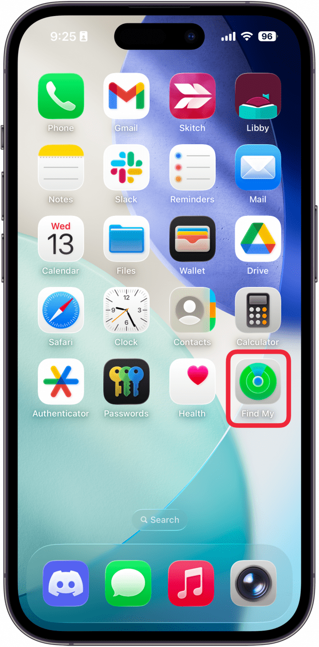 a screenshot of the iphone home screen with a red box around the find my app