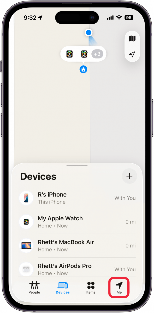 a screenshot of the find my app on the iphone with a red box around the me tab