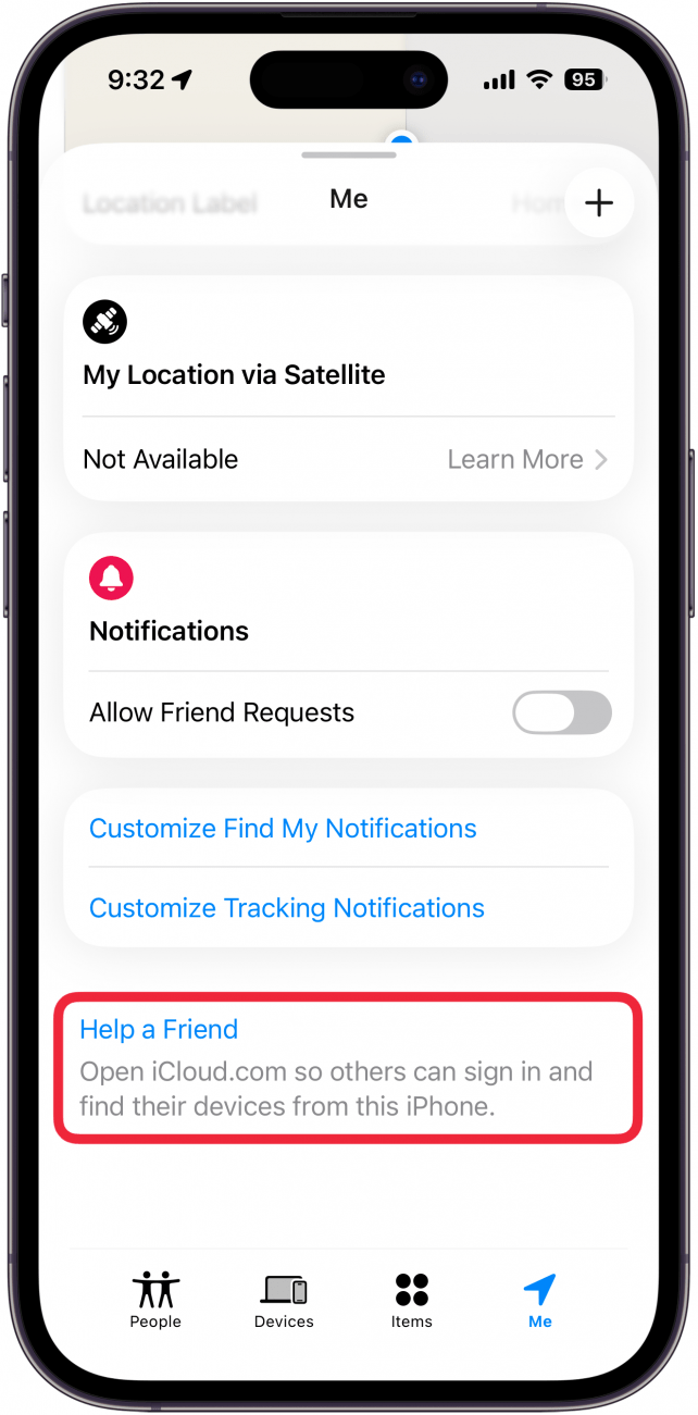 a screenshot of the find my app on the iphone displaying the me tab with a red box around the help a friend button