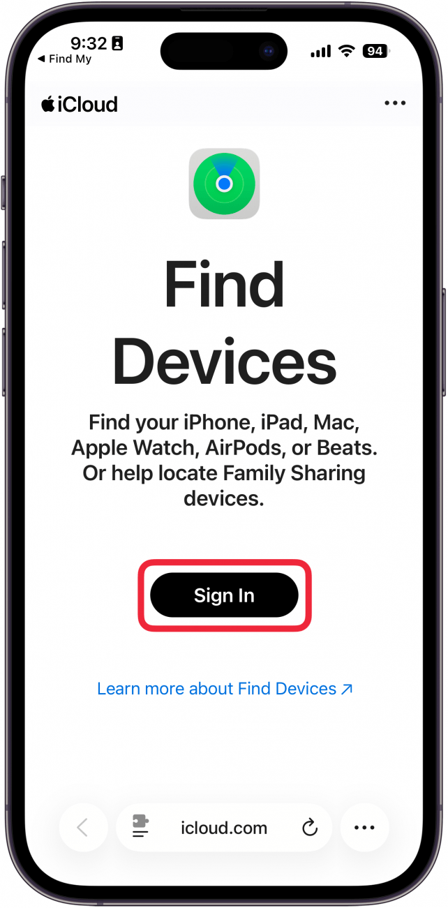 a screenshot of safari on the iphone displaying the find my web page with a red box around the sign in button