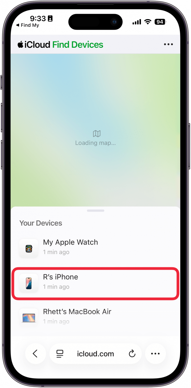 a screenshot of safari on the iphone displaying the find my web page with a red box around iphone