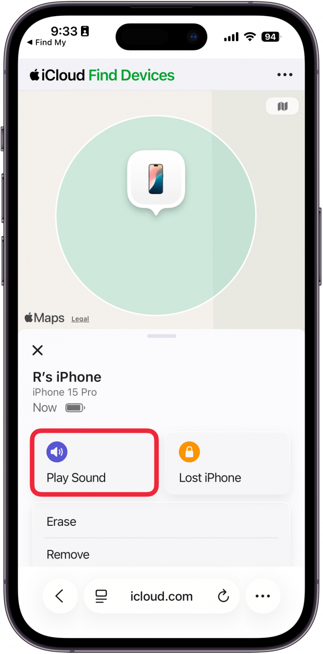 a screenshot of safari on the iphone displaying the find my iphone device details page with a red box around the play sound button