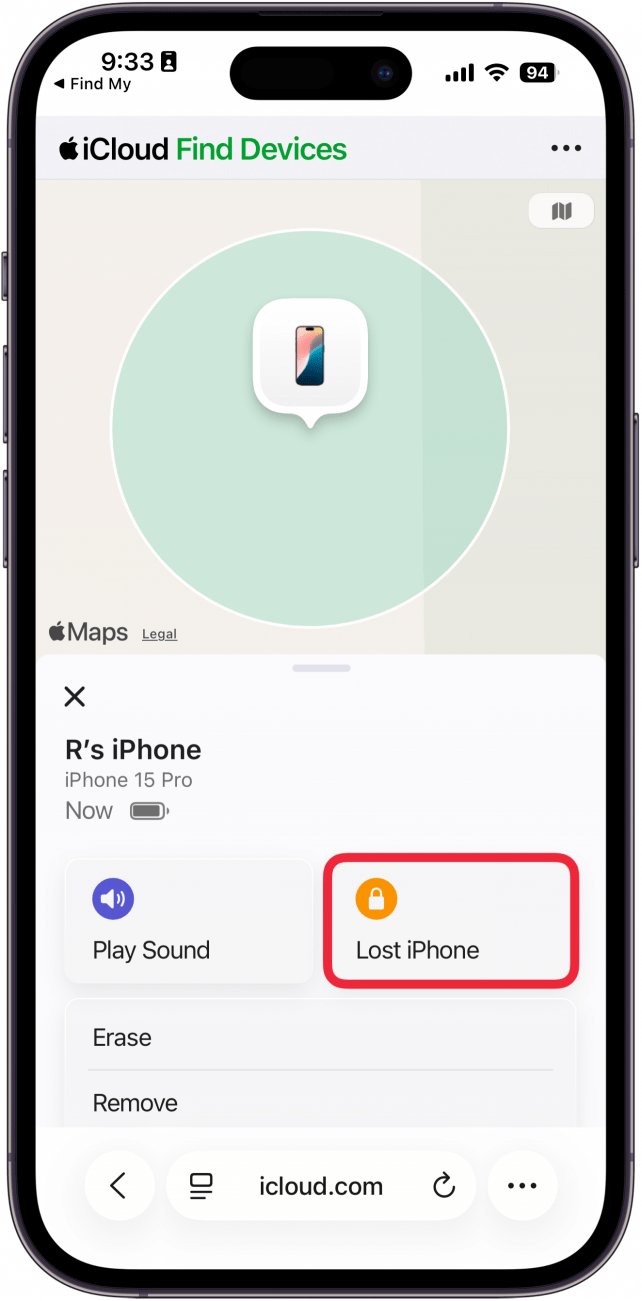 a screenshot of safari on the iphone displaying the find my iphone device details page with a red box around the lost iphone button