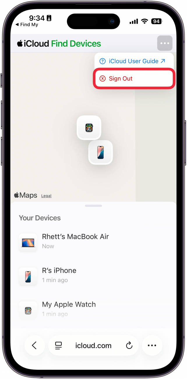 a screenshot of safari on the iphone displaying the find my web page with a menu open showing options for icloud user guide and sign out, with a red box around sign out
