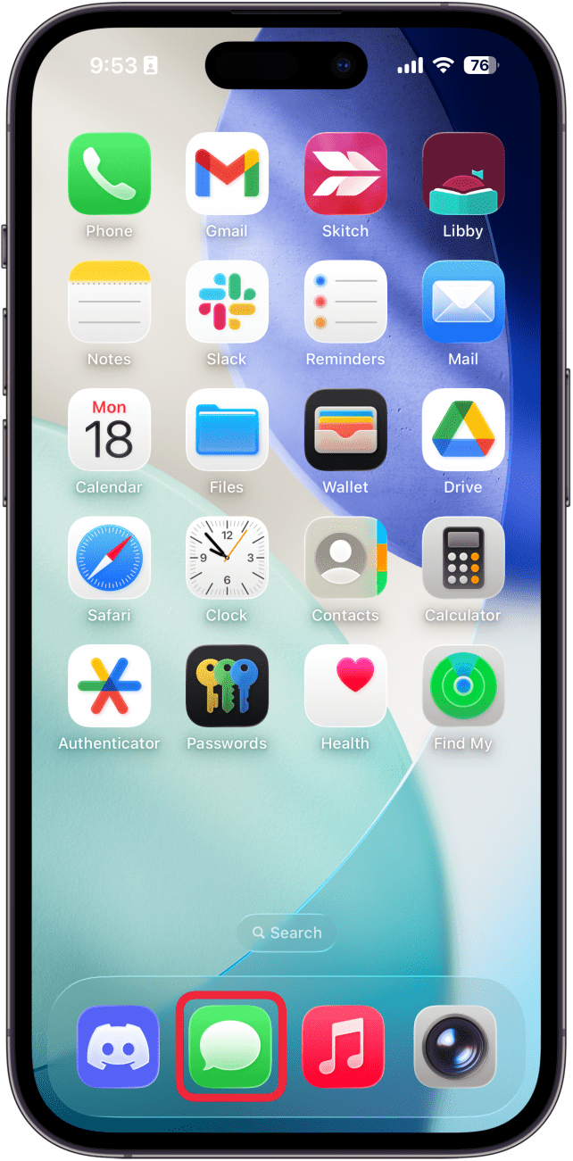 a screenshot of the iphone home screen with a red box around the messages app