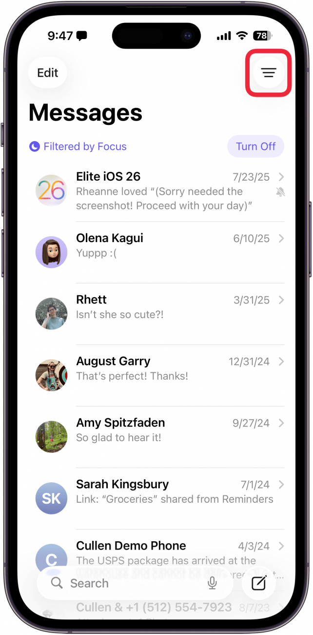 a screenshot of the iphone messages app with a red box around the filter icon