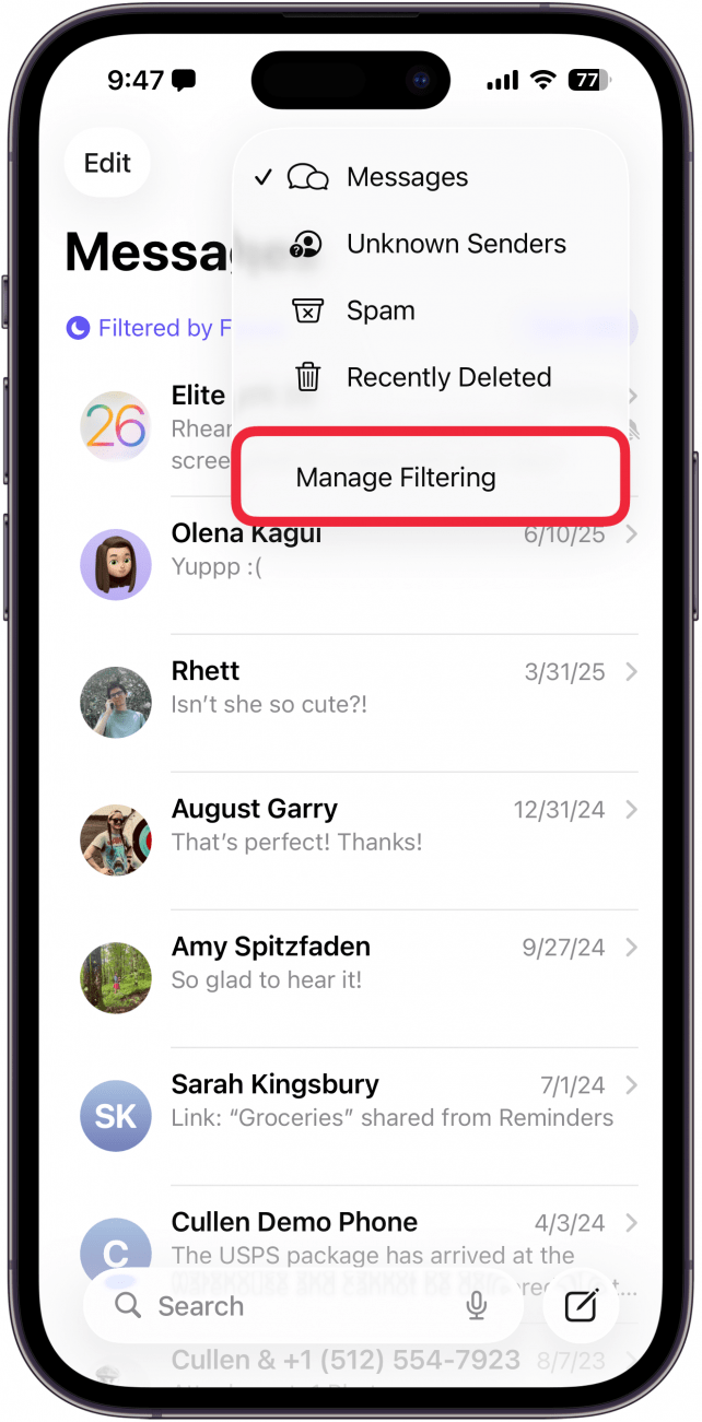 a screenshot of the iphone messages app displaying a filtering menu with a red box around the manage filtering button