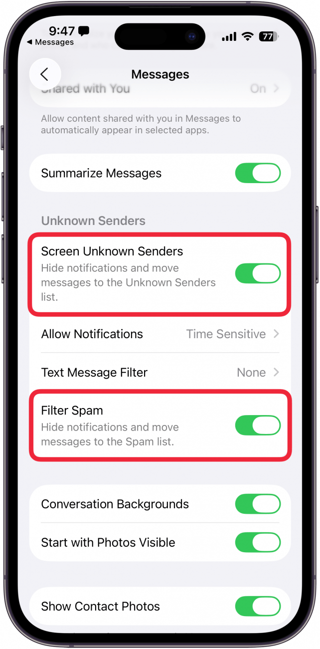 a screenshot of the iphone settings app displaying messages settings with red boxes around the screen unknown senders and filter spam toggles