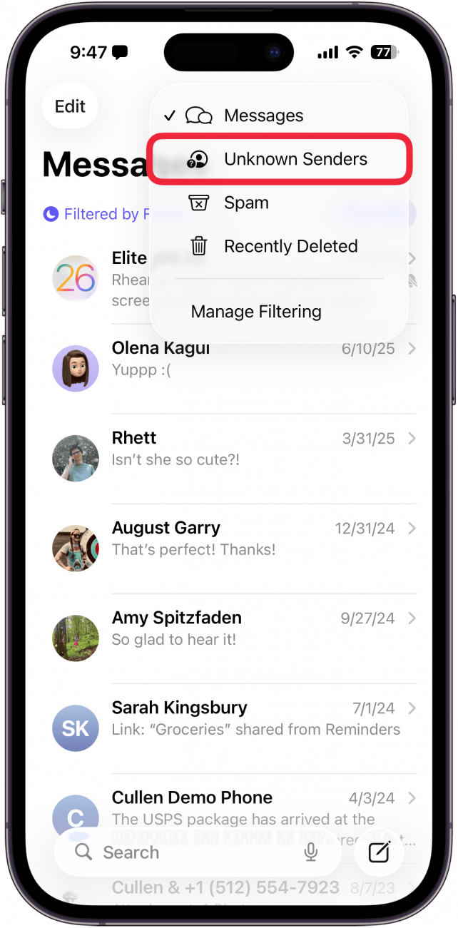 a screenshot of the iphone messages app displaying a filtering menu with a red box around the unknown senders button