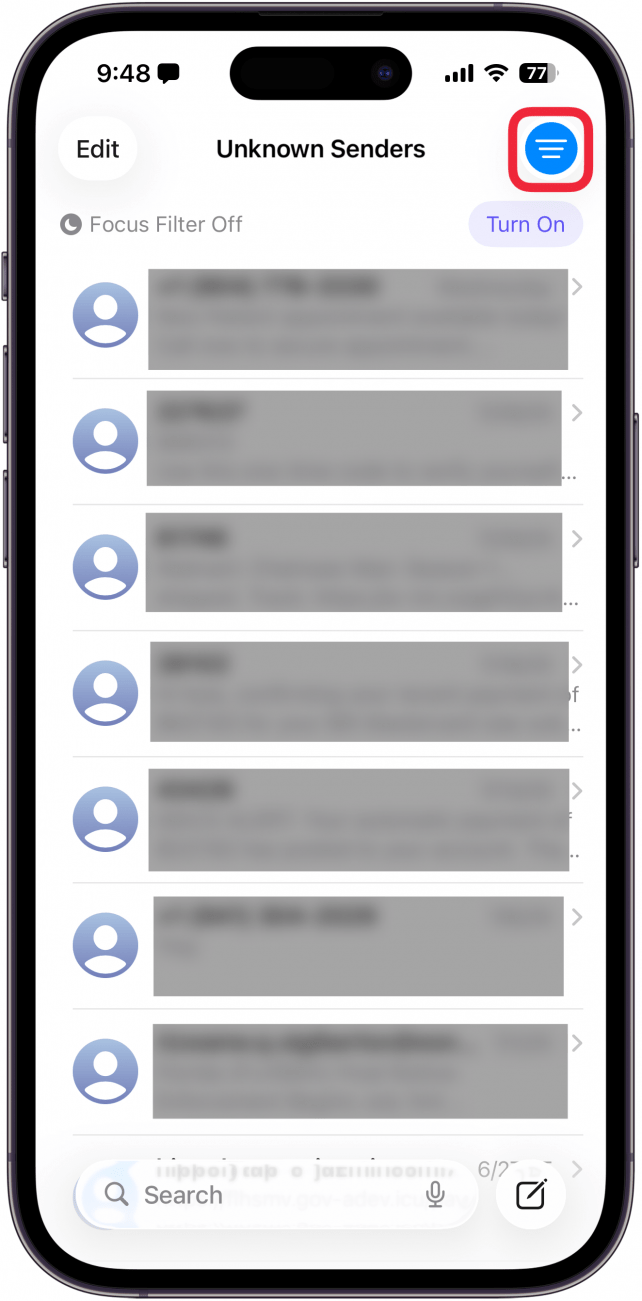 a screenshot of the iphone messages app displaying a list of texts from unknown senders with a red box around the filter icon