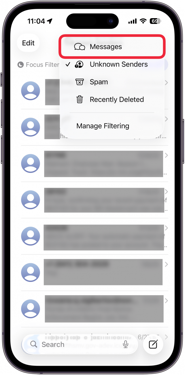 a screenshot of the iphone messages app displaying a list of texts from unknown senders with the filter menu open a red box around the messages button