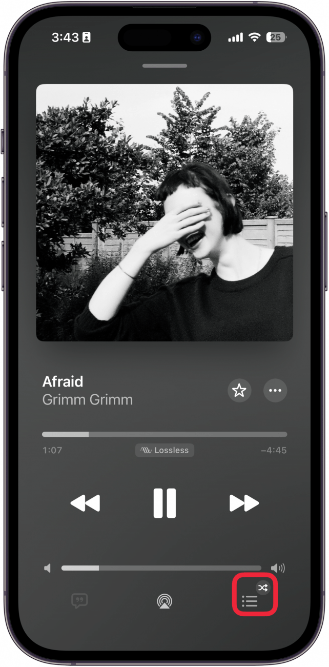 a screenshot of the iphone music app displaying the now playing screen with a red box around the queue button