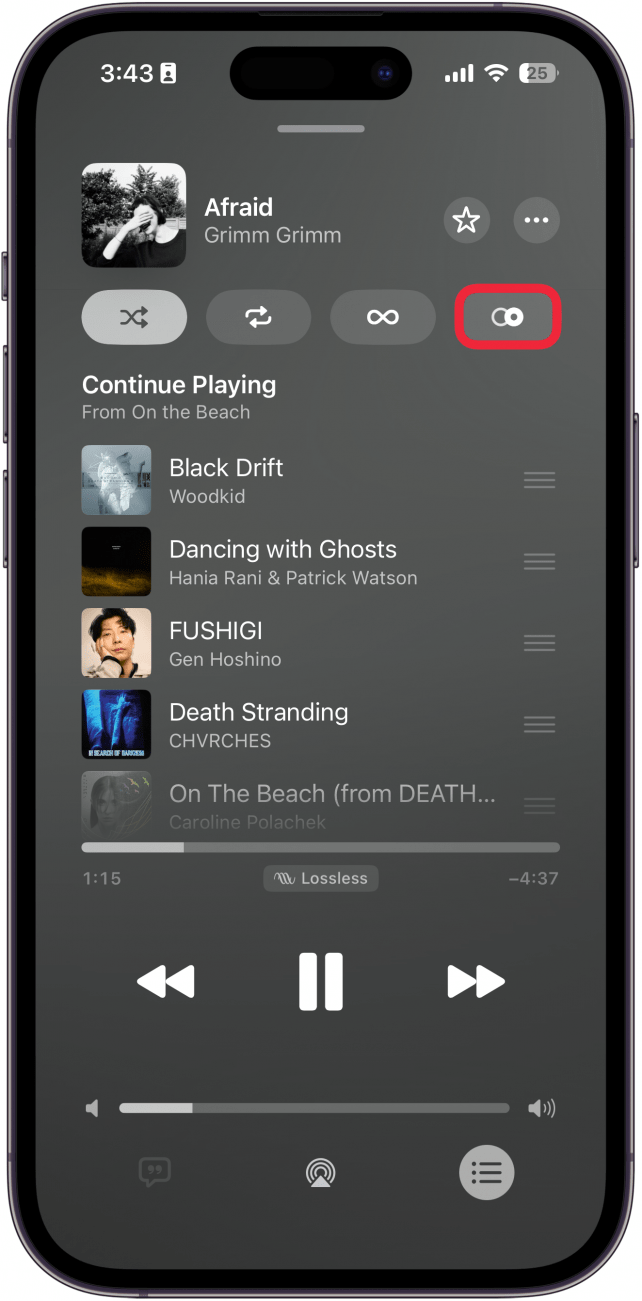 a screenshot of the iphone music app displaying the queue with a red box around the automix button