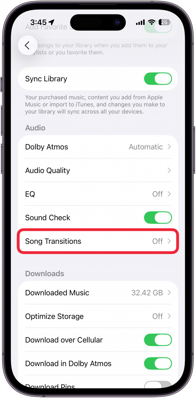 a screenshot of the iphone music app settings with a red box around song transitions 