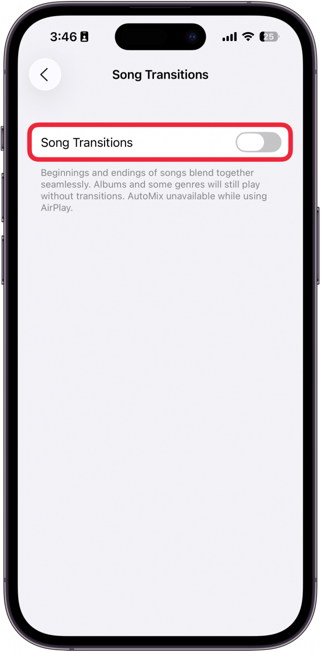 a screenshot of iphone music app song transitions with a red box around the song transitions toggle