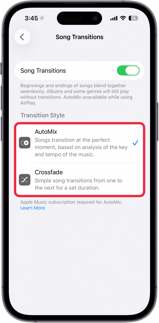 a screenshot of iphone music app song transitions with a red box around the automix and crossfade options