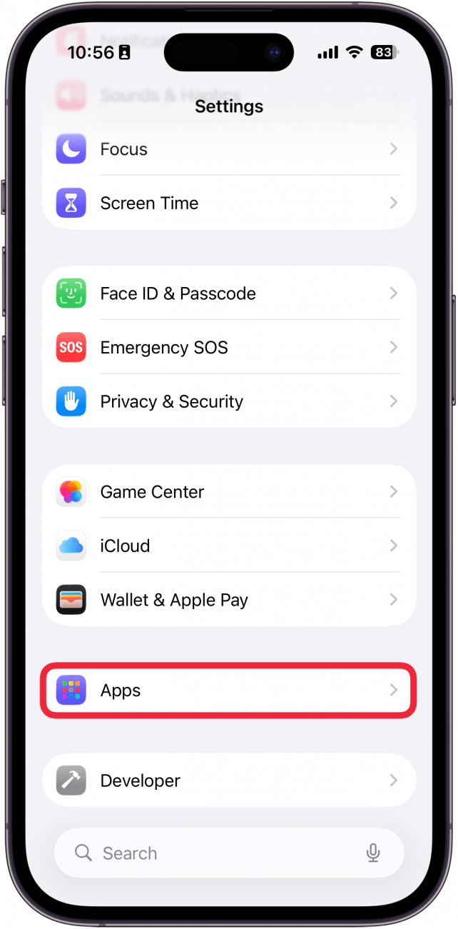 a screenshot of the iphone settings app with a red box around apps