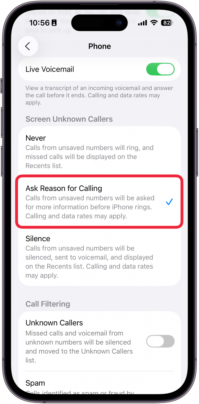 a screenshot of the iphone phone settings with a red box around ask reason for calling