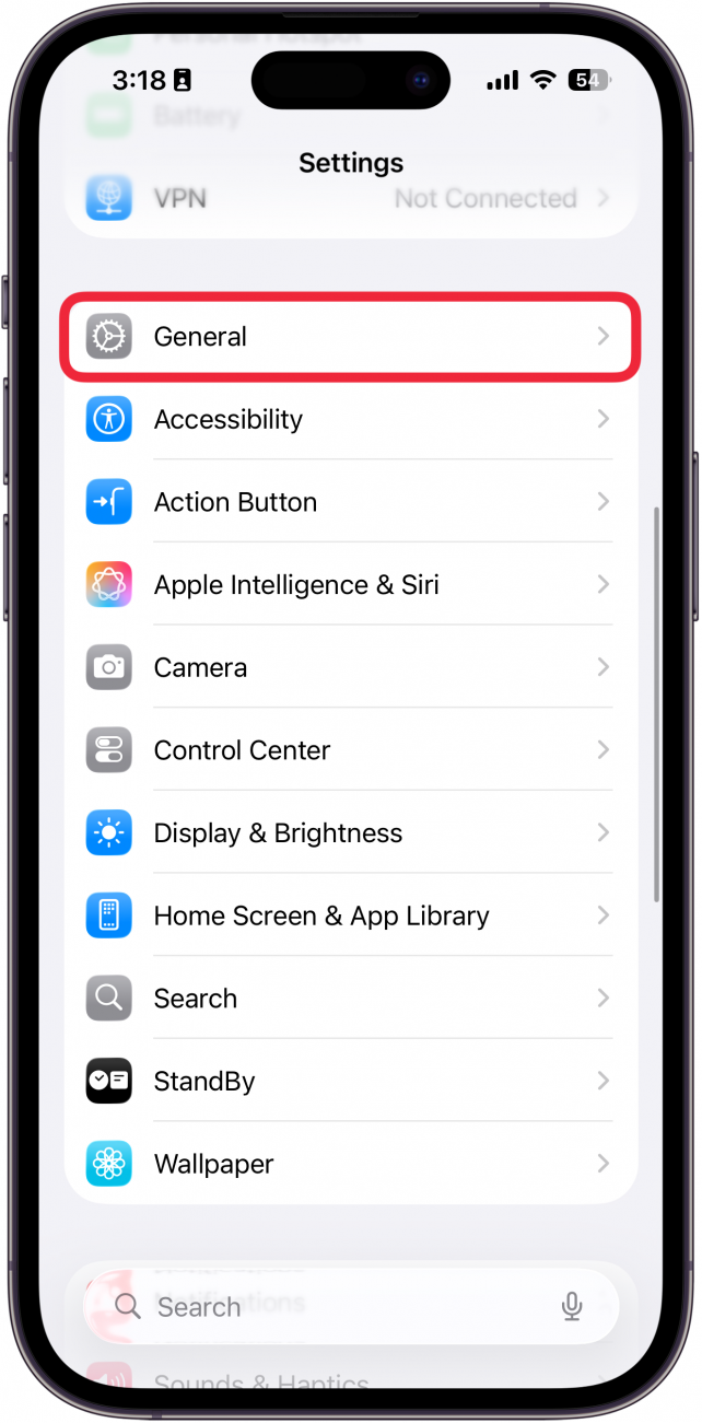 a screenshot of the iphone settings app with a red box around general 