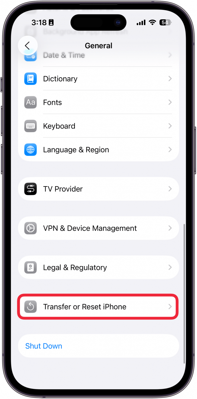 a screenshot of the iphone general settings with a red box around the transfer or reset iphone button