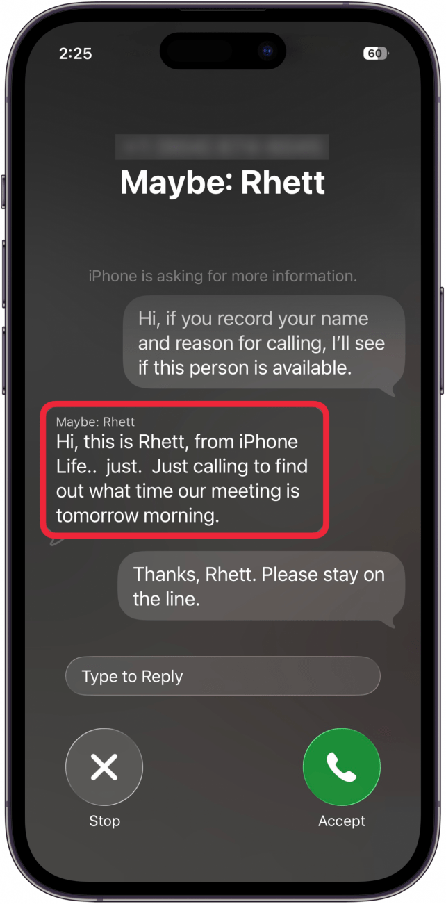 a screenshot of the iphone call screening feature with a red box around the message being left by the caller