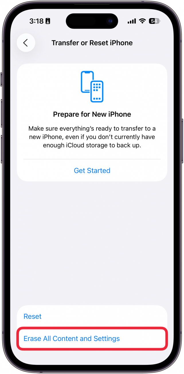 a screenshot of the iphone transfer or reset screen with a red box around erase all content and settings