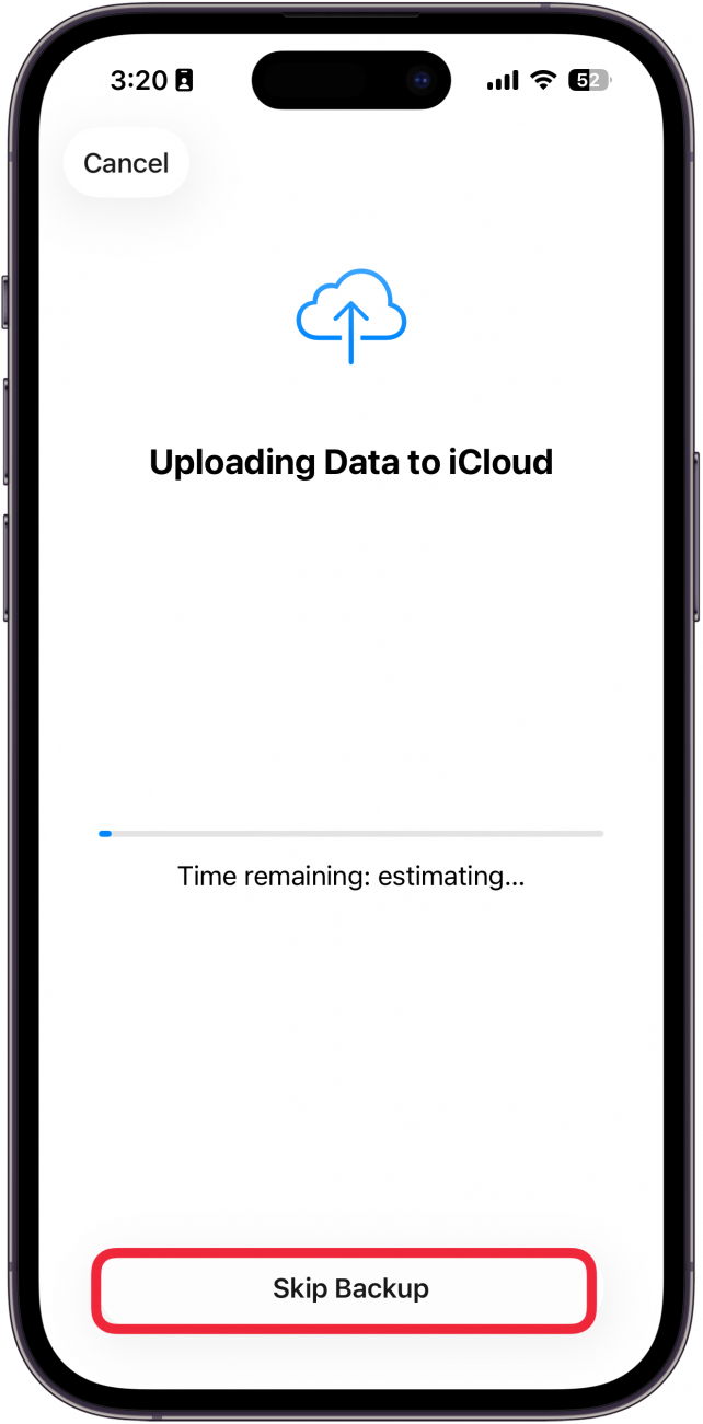 a screenshot of the iphone backup screen during the erase all content and settings process with a red box around the skip backup button