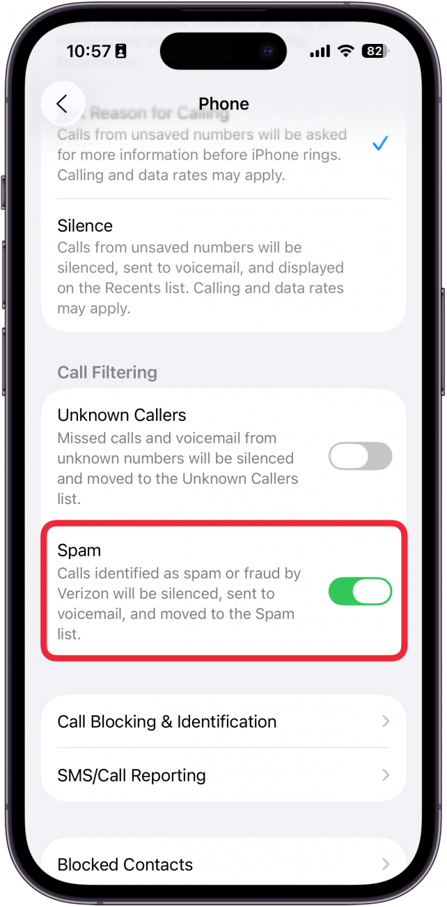 a screenshot of the iphone phone settings with a red box around the spam toggle