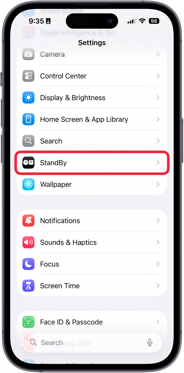 a screenshot of the iphone settings app with a red box around standby