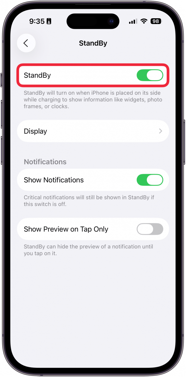 a screenshot of the iphone standby settings with a red box around the standby toggle
