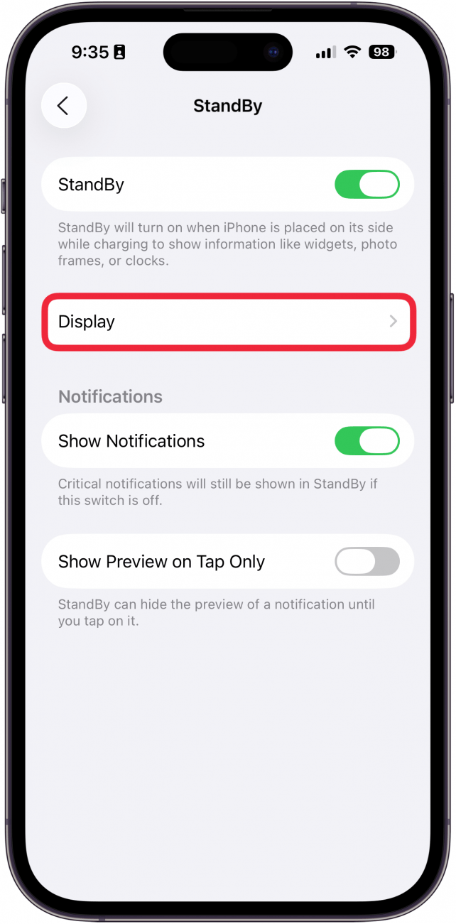 a screenshot of the iphone standby settings with a red box around display