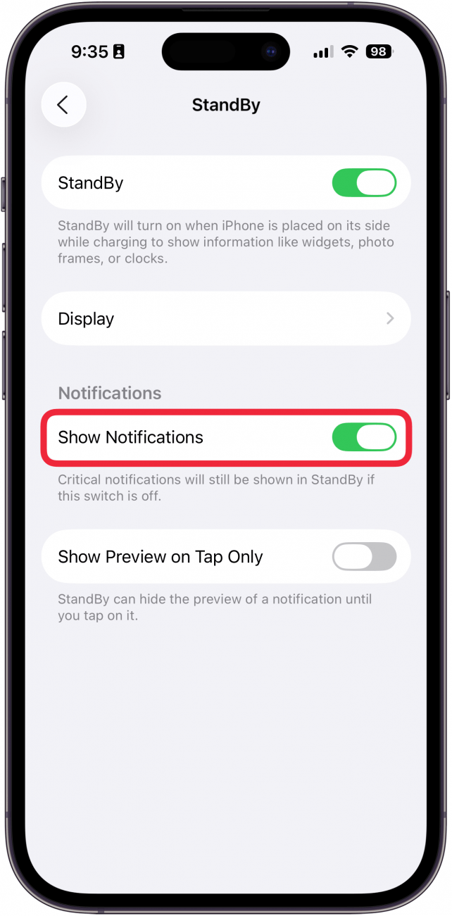 a screenshot of the iphone standby settings with a red box around the show notifications toggle