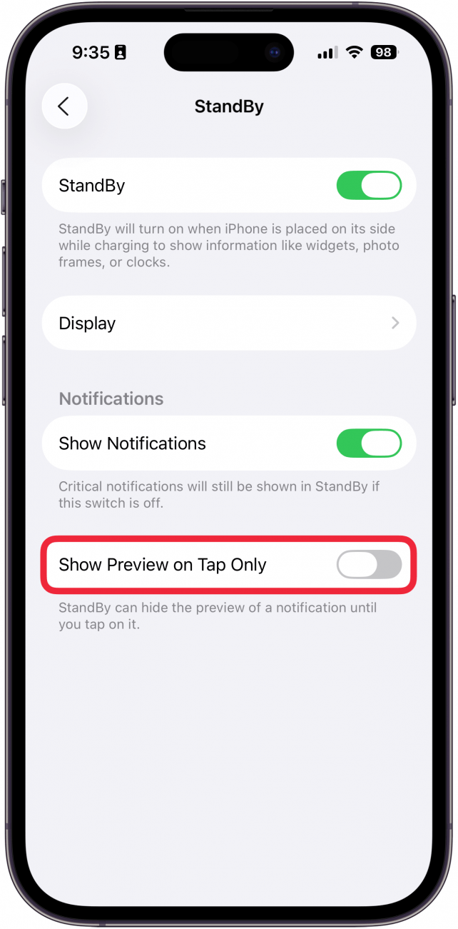 a screenshot of the iphone standby settings with a red box around the show preview on tap only toggle