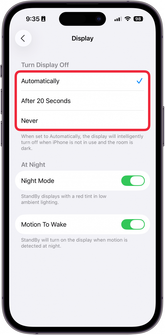 a screenshot of the iphone standby display settings with a red box around the automatically, after 20 seconds, and never options